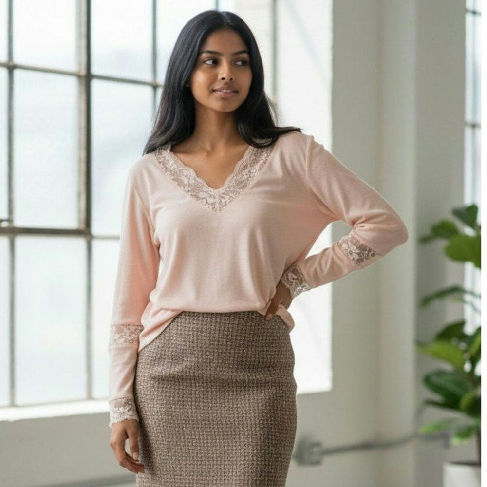 Victor Costa Occasion Lace Trim Blush Pink V Neck Top Rayon Blend Womens XL